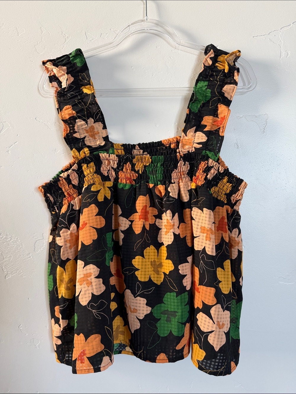 Who What Wear Black Floral Smocked Tank Top with Green & Yellow Flowers - Picture 8 of 8